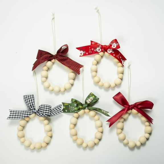Dalrosia 5PCS Buffalo Plaid Tree and Bow Wooden Beaded Christmas Wreath Ornament