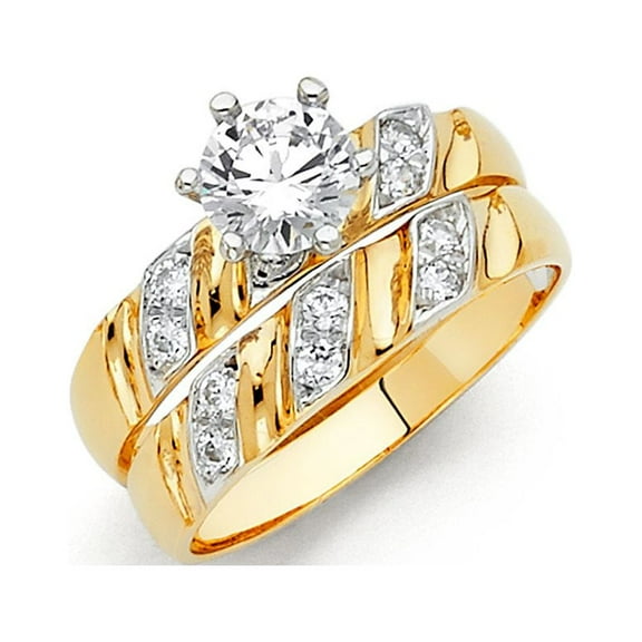 14k Two Tone Gold Round 3 Slanted Row 1.50 ct CZ Wedding Band Ring Trio Set