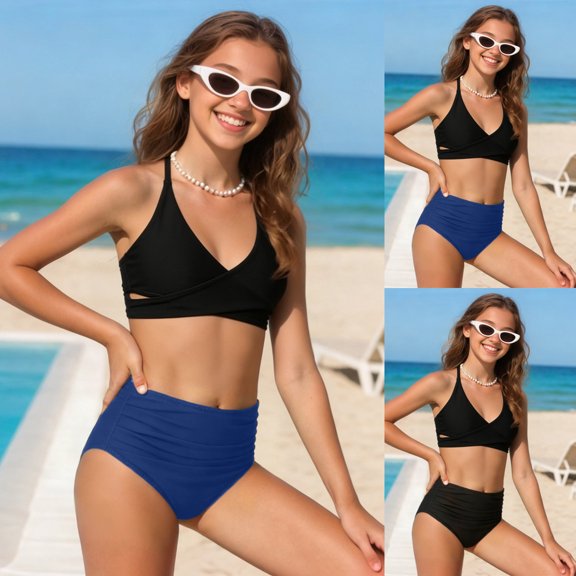 felwors Girl's Bikini Set V Neck Spaghetti Strap Lace Up Bathing Suit Two Piece Swimsuit Comfortable Bikini Sets(Black, 3-4 Years)