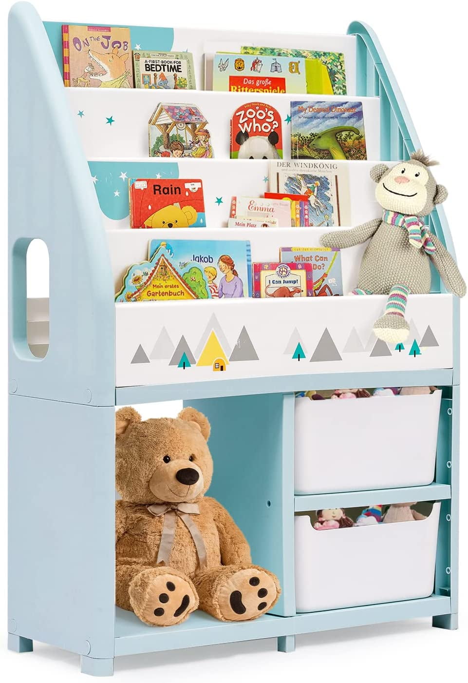 Nukied Kids Bookshelf 4 Tier Kids Book Case with 2 Storage Boxes for