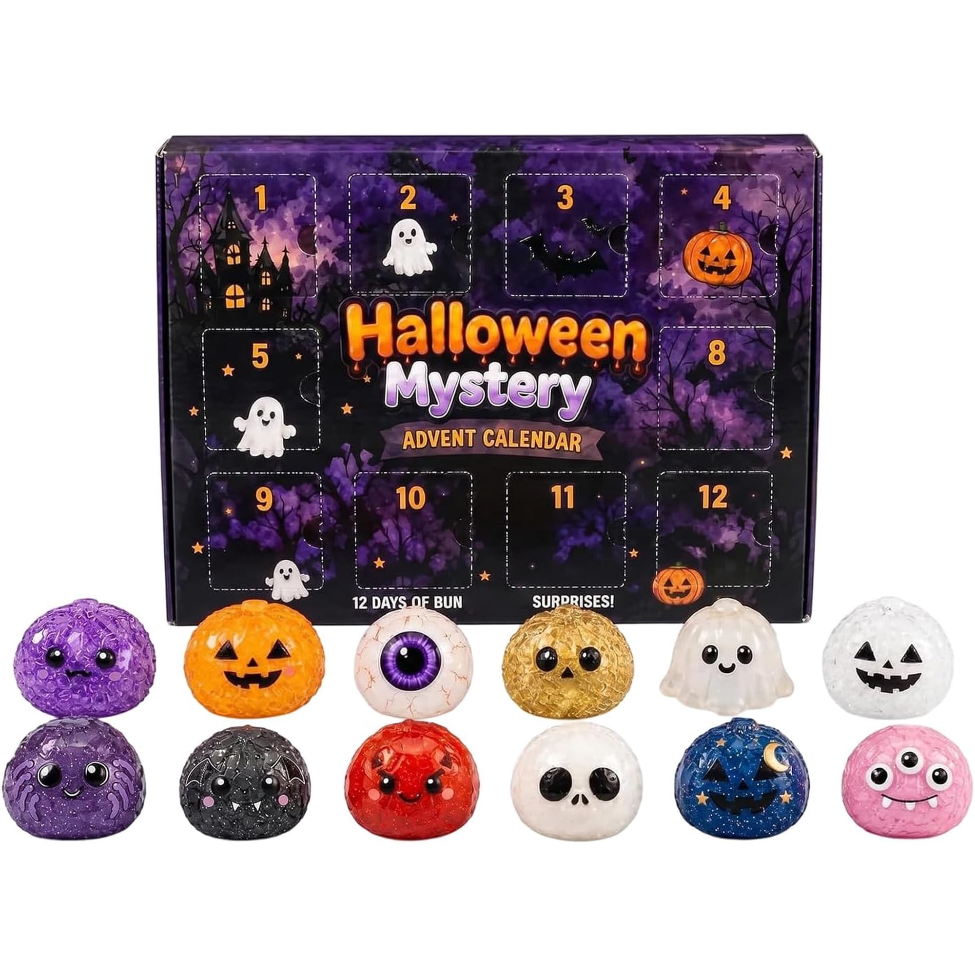 12PCS Halloween Spooky Ghost Dumpling, Mystery Advent Calendar, Dumplings Squishy with Steamer Stress Balls Stress Relief Fidget Sensory for Holiday & Birthday Gifts