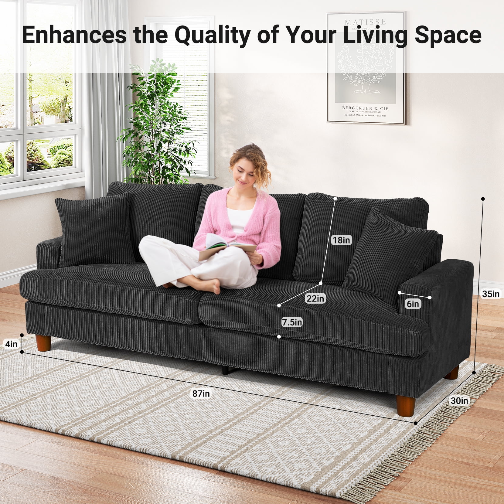 87" Corduroy Sofa,3 Seater Sofa with Extra Deep Seats,Neche Comfy Upholstered Couch for Living Room,2 Pillows,Black