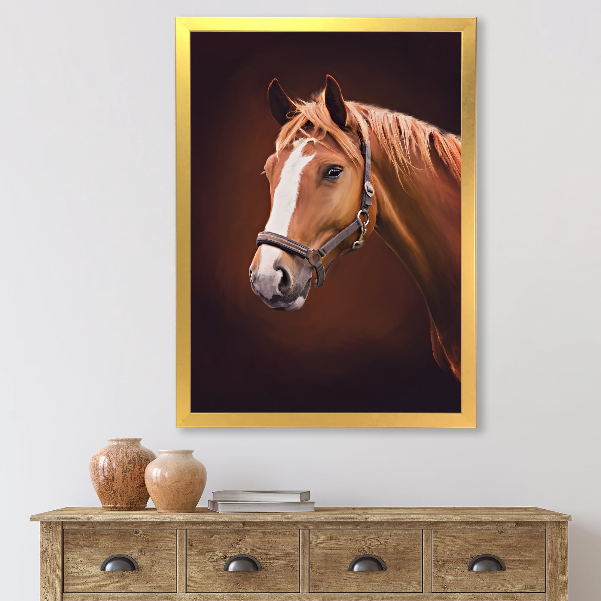 Designart 'Close Up Portrait Of Brown Horse With White Nose II' Farmhouse Framed Art Print