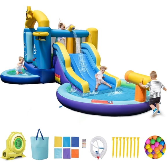 OLAKIDS Inflatable Water Slide, 6 in 1 Ocean Theme Bounce House Water Park with Slide Splash Pool Ball Pit Water Blaster 735W Blower 50PCS Ocean Balls, Outdoor Inflatable Obstacle Course Backyard
