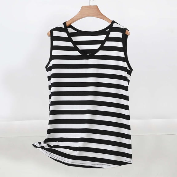 Njagoc3 Women Black White Striped Tank Top Casual Sleeveless Curved Hem Top