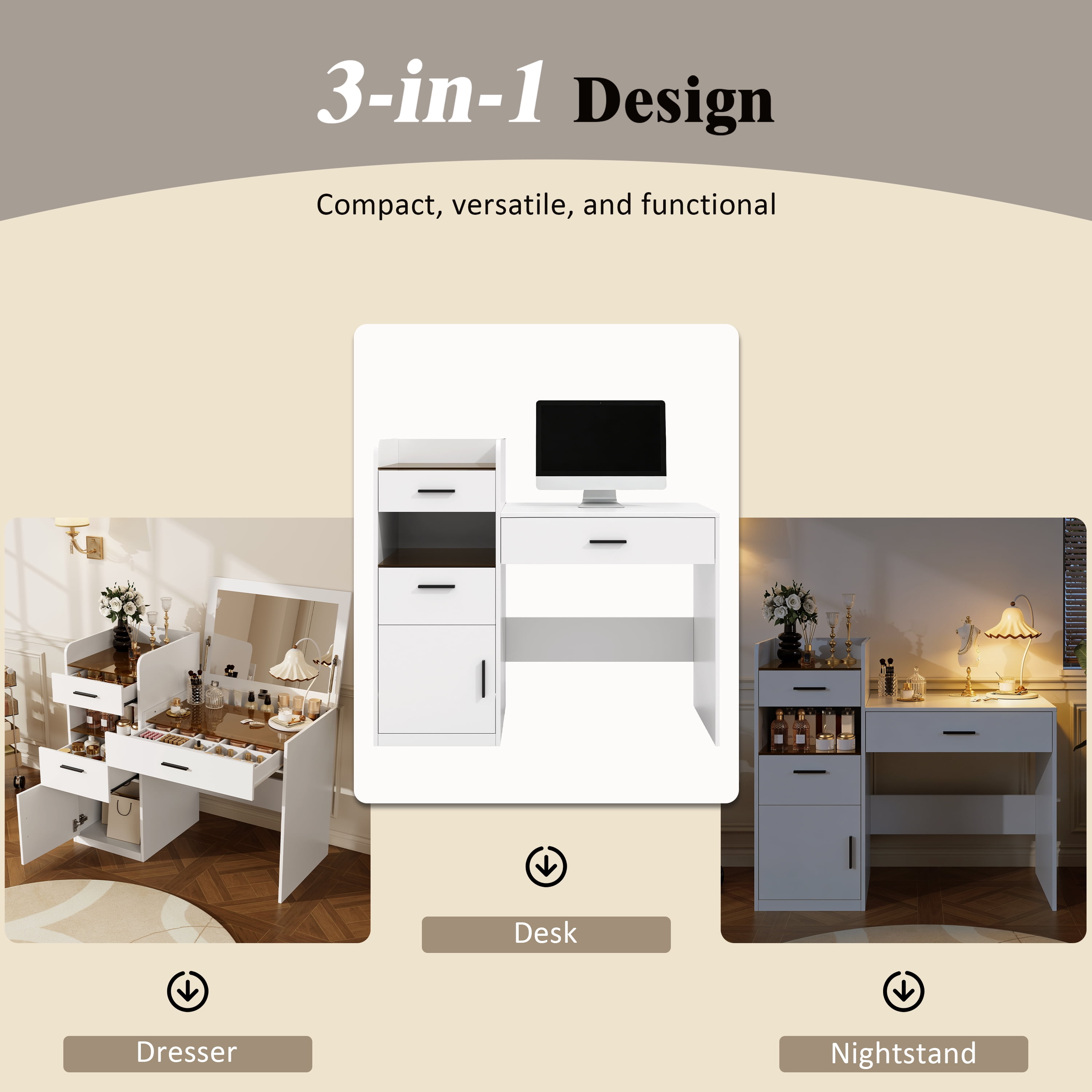 Space-Saving 3-in-1 Vanity Desk with Flip Top Mirror and Hidden Storage, Glass Top Makeup Table with 3 Drawers and Cabinet for Bedroom, White