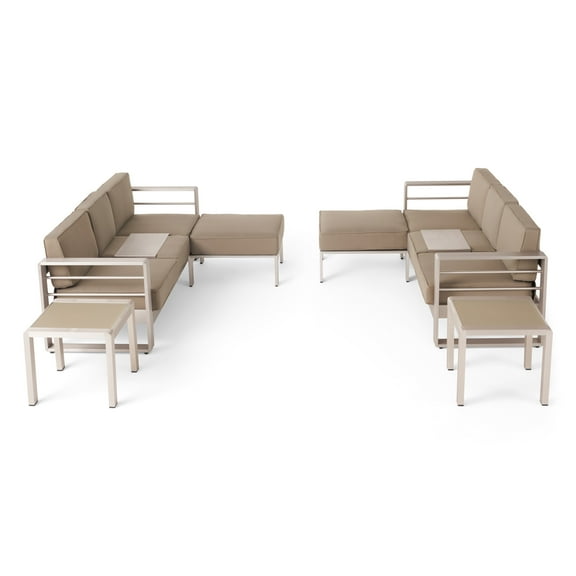 Shirley Outdoor 6 Seater Aluminum Sofa and Ottoman Set with Side Tables, Silver and Khaki