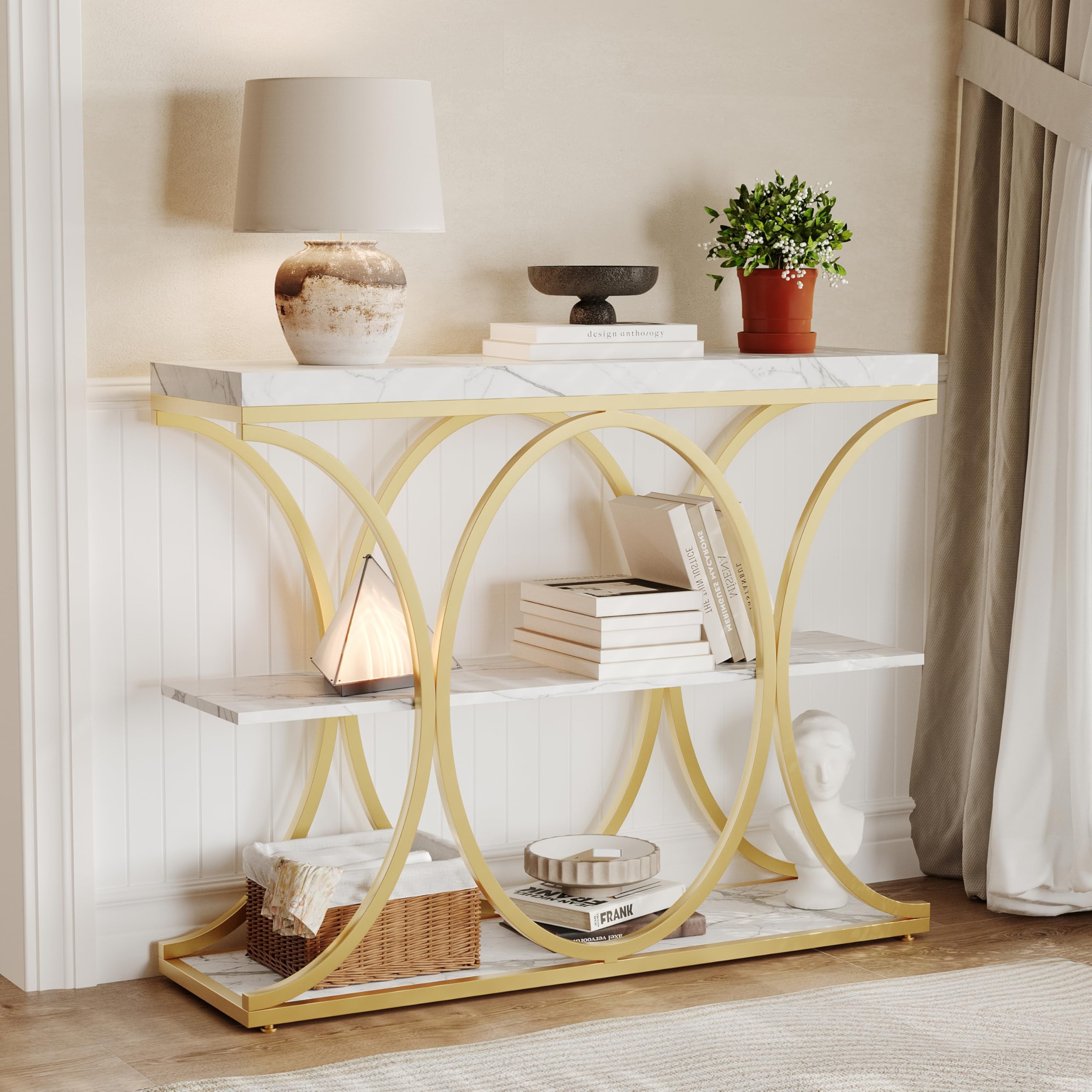 Huisuilinss Console Table,39" Narrow Entryway Table,Industrial 3-Tier Sofa Table With Round Metal Base And Storage Shelves,Wood Behind Couch Table For Living Room Hallway Foyer