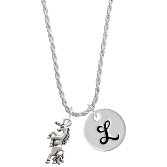 Delight Jewelry Silvertone Unicorn Silvertone Script Initial Disc - L - Charm Necklace, 20"+3"