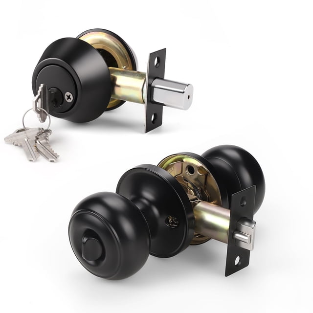 Knobwell - Juego de 1 pomo para puerta de entrada y cerrojo de doble cilindro en negro mate con llave igual para puerta exterior con cerrojo de seguridad Cerraduras de puerta con cerrojo de doble llav