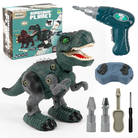 KiddiTouch Remote Control Dinosaur Toy, Assemble Dinosaur Toys with Hand Shank & Electronic Drill, Birthday Gifts for Boys Kids-Tyrannosaurus