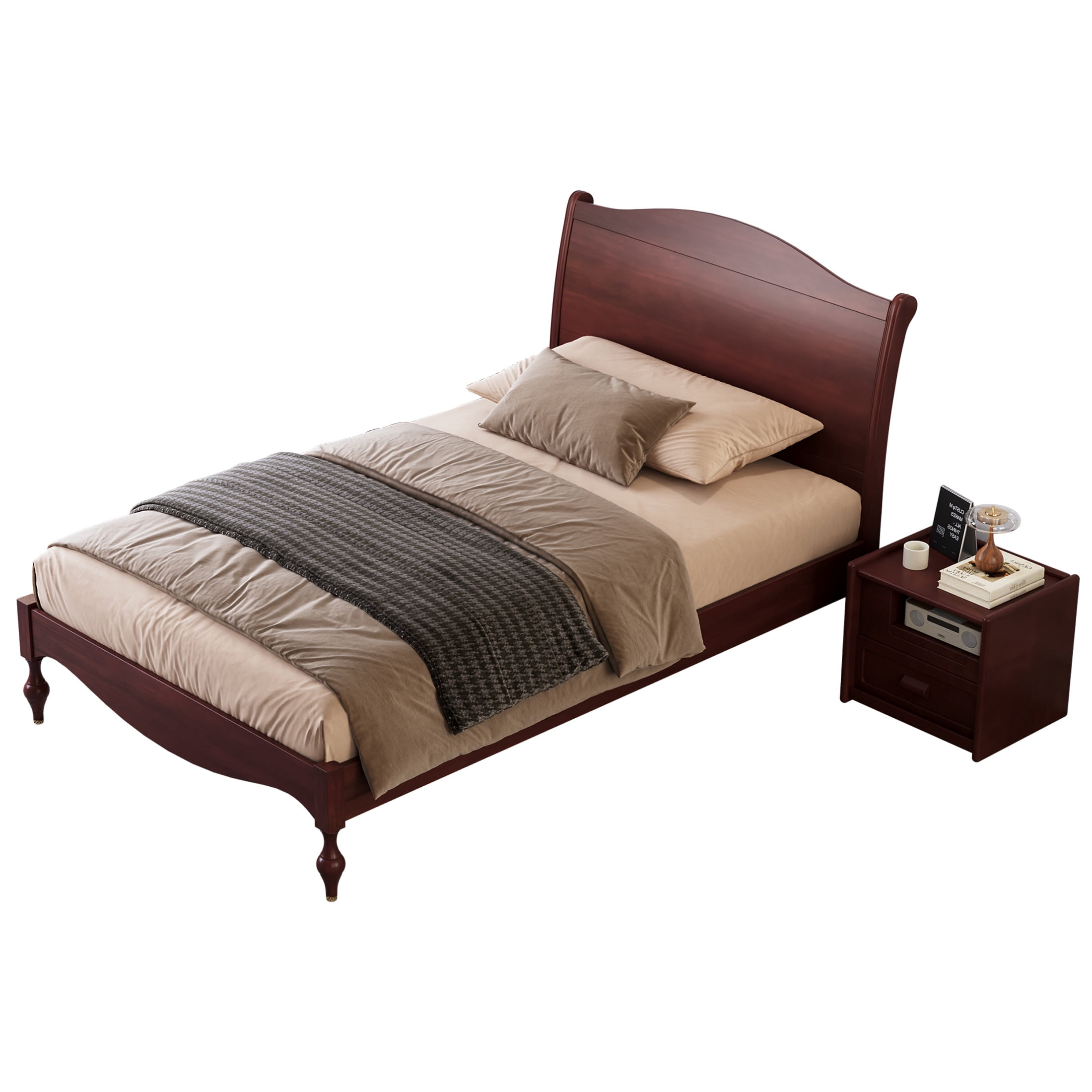 Noble House Carola Full Wooden Platform Bed Frame, Traditional Arched Headboard Vintage Design, Dark Walnut