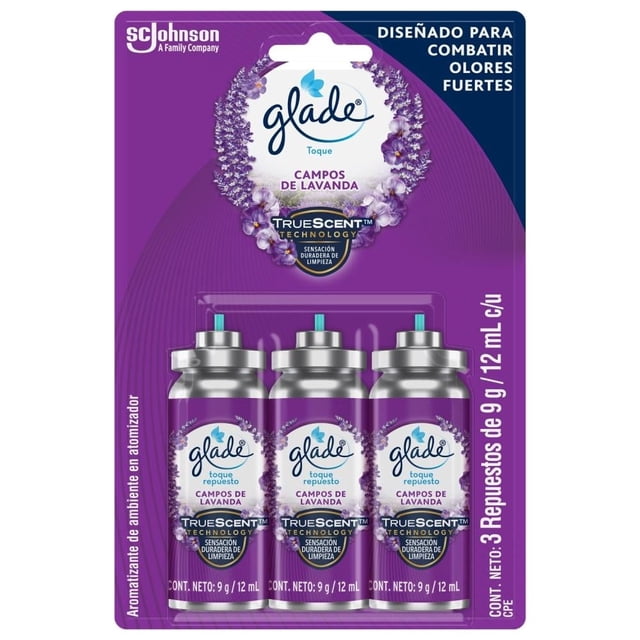 Aromatizante en aerosol concentrado Glade toque Campos de Lavanda repuestos 3 pzas de 12ml c/u