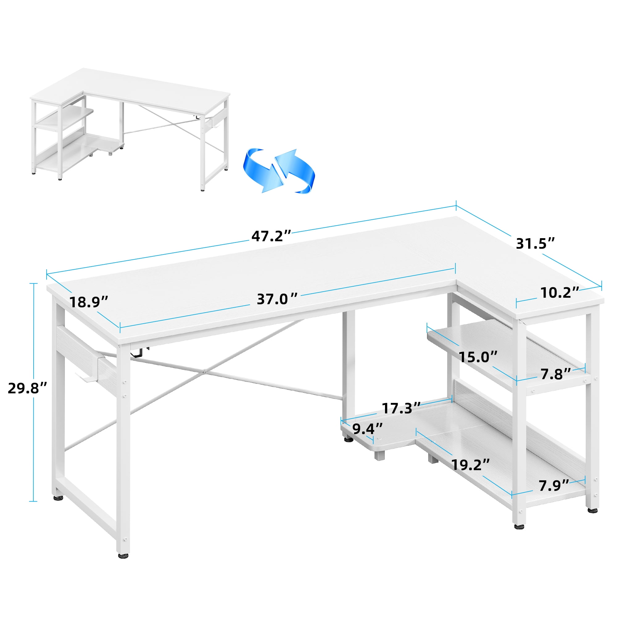 Casacomoda 48 Inch L Shaped Computer Desk with Storage Shelves & CPU Stand, Spacious Corner Desk with Headphone Hook, Home Office Desk, Reversible, White