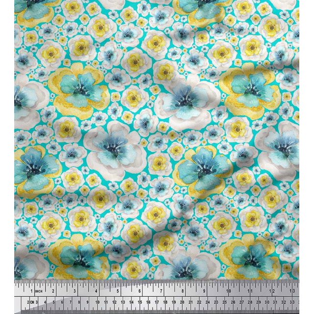 Soimoi Green polyester Crepe Fabric Poppy Floral Print Fabric by the Yard 52 Inch Wide