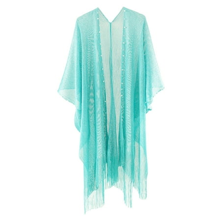 Rigardu Hot Sale!! Cardigans for Women Boho Lightweight Mesh Fringe Beaded Swimwear Cover Up Open Front Casual Beach Cardigan Summer Beach Cardigan Bikini Smock In Long Clothing Green One Size