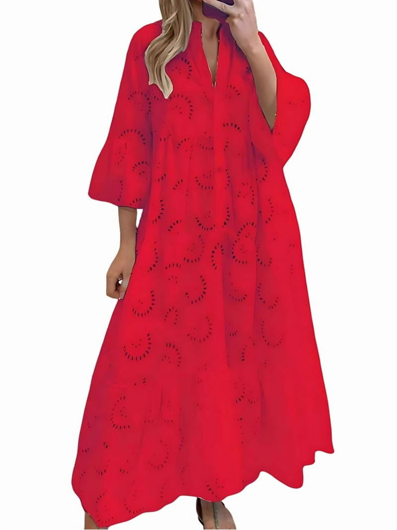 Women'S 2025 Lace Eyelet Embroidery Maxi Dress V-Neck Trumpet Sleeve Boho  Flowy Swing Dress Red L - Walmart.com