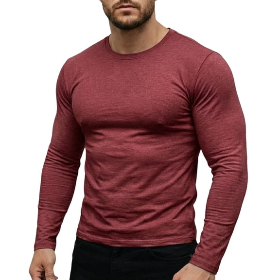 Timoontee Men Crew Neck Heather Long Sleeve Fitted Tee Soft Stretch Knit Moisture Wicking Lightweight Daily Gym Walking Resort Casual Tops Red S