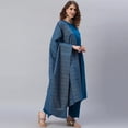 thumbnail image 5 of Janasya Indian Round Neck 3/4 Sleeve Solid Blue Cotton Kurta With Palazzo And Dupatta For Women, 5 of 9