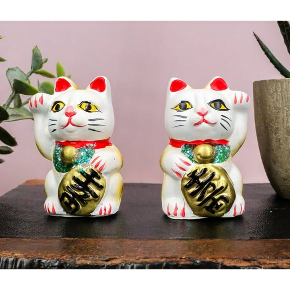 Japanese Right And Left Paws Beckoning Cat Maneki Neko Ceramic Figurine Set of 2