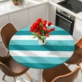thumbnail image 2 of Aqua Teal White Striped Round Tablecloth 45-54 Inch Round Fitted Table Cloth with Elastic Edge, Farmhouse Stripes Waterproof Table Cover Protector for Outdoor Picnic Party Dining, 2 of 6