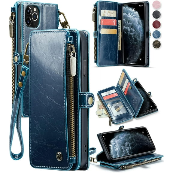 for iPhone 11 Pro Max Wallet Case, for iPhone 11 Pro Max Case for Wallet Women Men, PU Leather Magnetic Flip Wrist Strap Zipper Card Holder Phone Cases for iPhone 11 Pro Max 6.5-inch, Blue