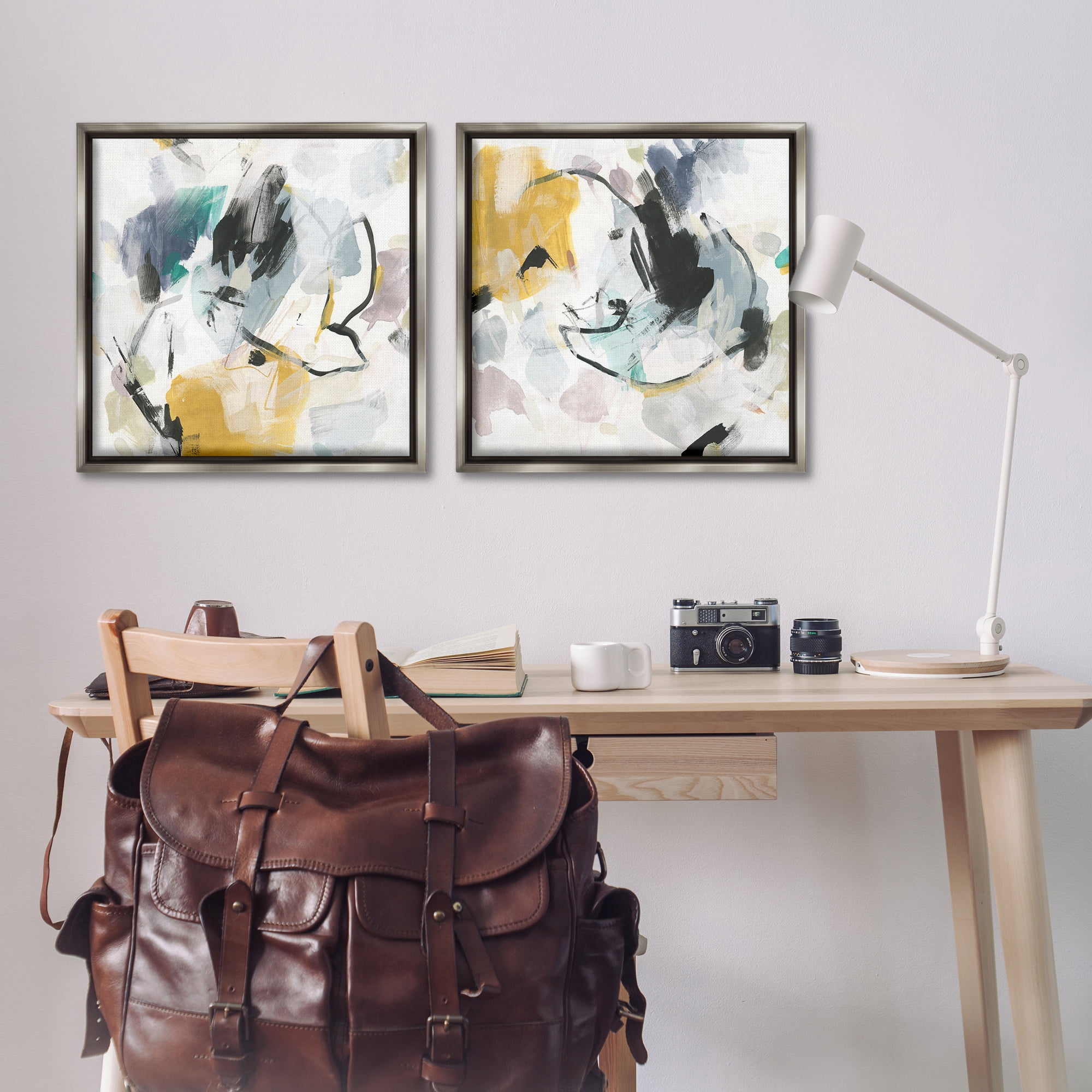 Stupell Industries Black & Yellow Abstract Splash Abstract Painting Gray Floater Framed Canvas Art Print Wall Art, 25 x 25, Set of 2