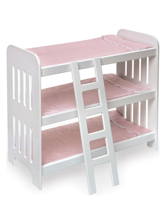 Badger Basket Triple Doll Bunk Bed with Ladder, Bedding, and Free Personalization Kit - Pink Gingham