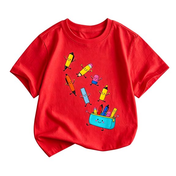 Glisme Girl Tops Short Sleeve T Shirts Crewneck Cartoon Pattern Tee Cute Toddler Wear Red
