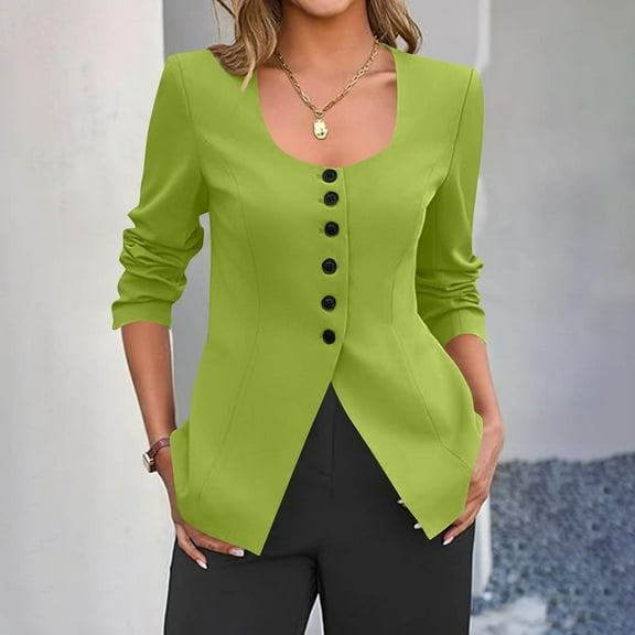 Pincandy Womens Business Work Casual Blazers Button Down Scoop Neck Split Hem Fitted Suit Jackets