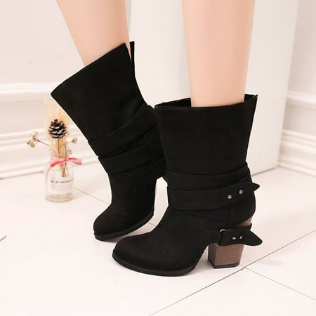 

Zunfeo Women s Mid Calf Boots- Solid Slouch Casual Boots Lace-Up Boots Today S Deal Boots Christmas Gifts Clearance Black 7