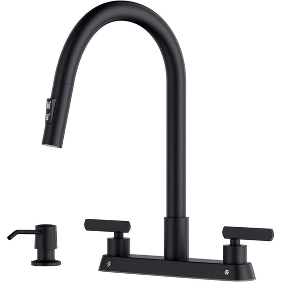 Black 2 Handle Kitchen Faucets, 4 Hole Kitchen Faucets with Sprayer, Pull Down Sprayer, Sink Faucet with Soap Dispenser, 8 Inch RV Faucet, Matte Black, Stainless , Gooseneck Design