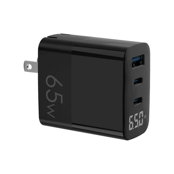 4XEM 65W GAN Charger with 2 USB-C Ports 1 USB-A Port and Digital Display, Black