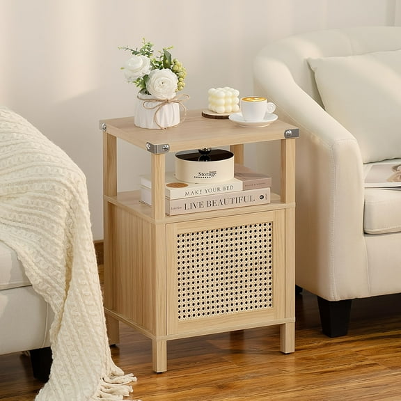 Bohemian Rattan Storage Cabinet - Wooden Nightstand with Handmade Rattan Doors & Open Shelves, Natural, for Bedroom & Living Room