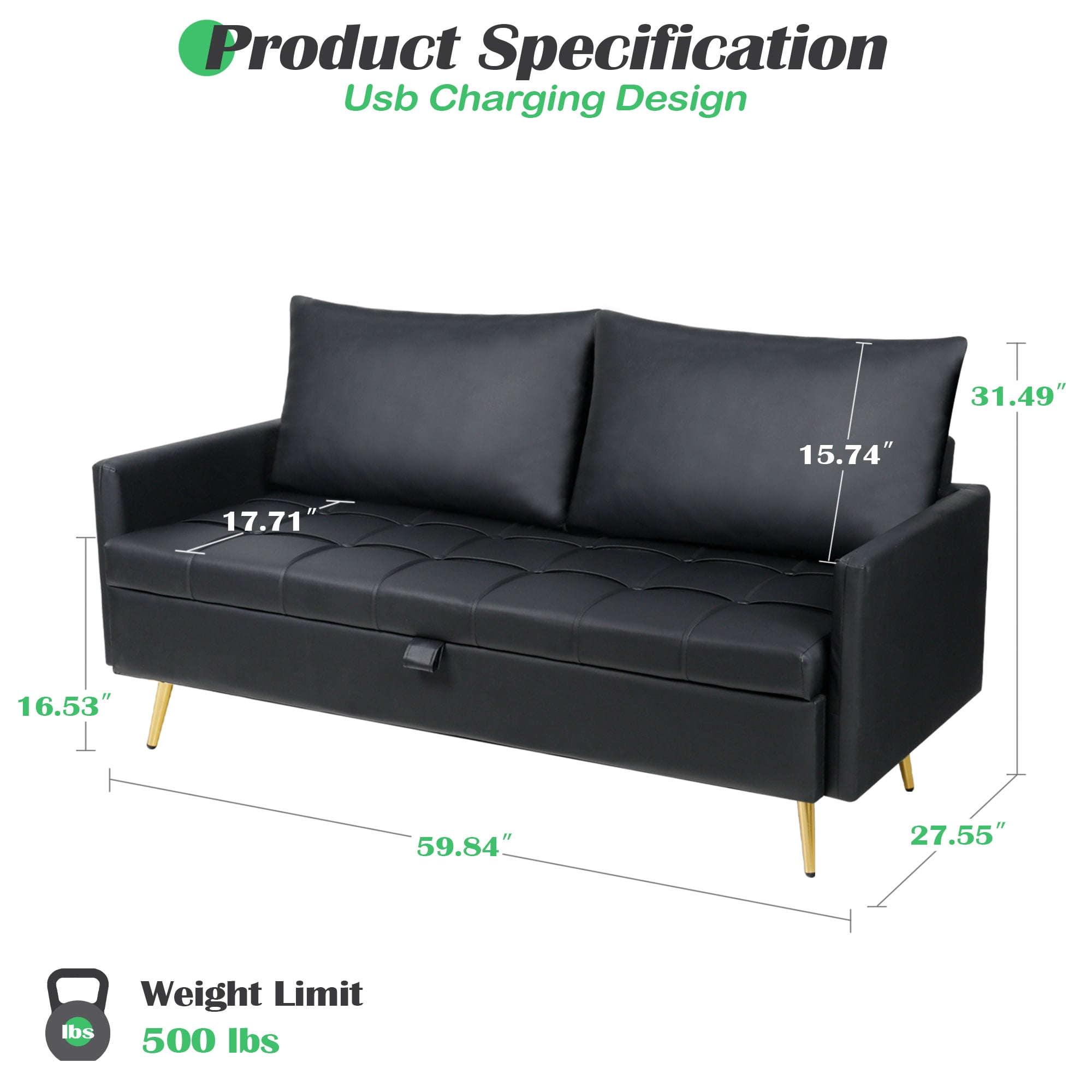 Coewske 60'' W Faux Leather Loveseat Sofa Couch w/ Storage Space & 2 USB Charging Ports Black