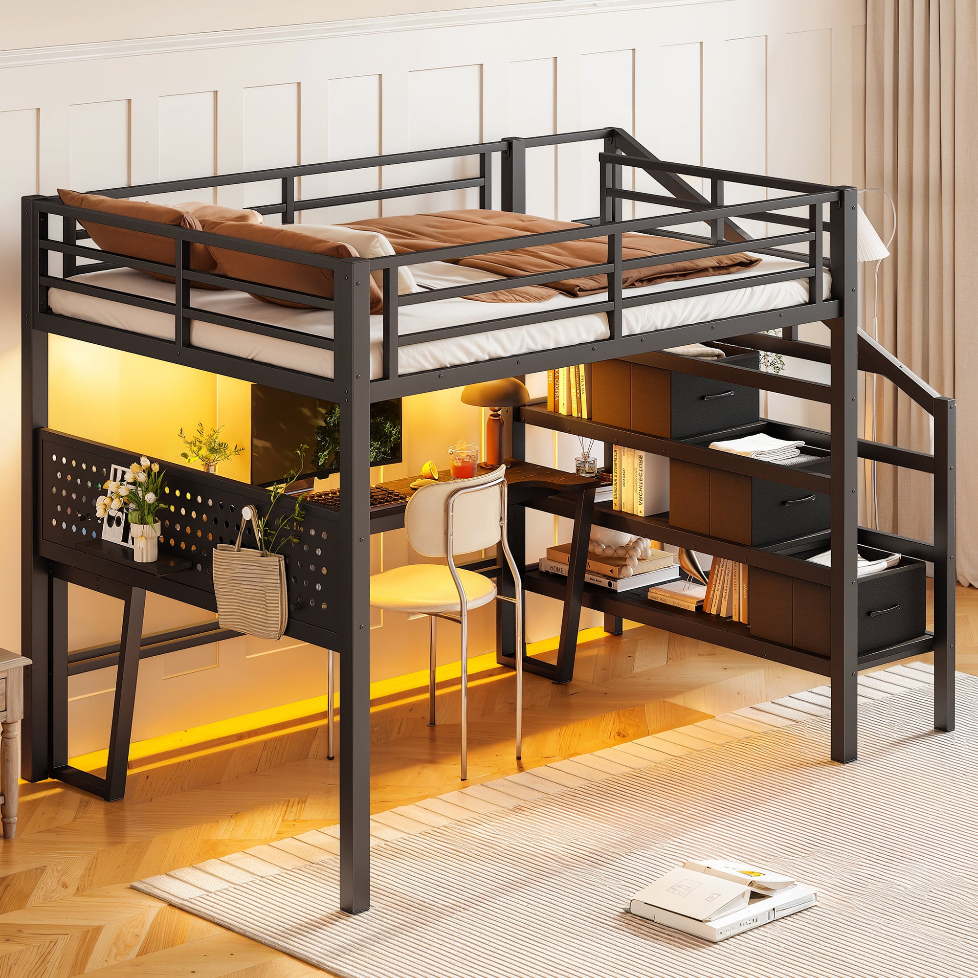 Leumius Full Size Loft Bed with Storage Stairs and Movable Desk with USB,Metal Loft Bed Frame with 3 Fabric Drawers and LED, Full-Length Guardrail and Pegboard,Black