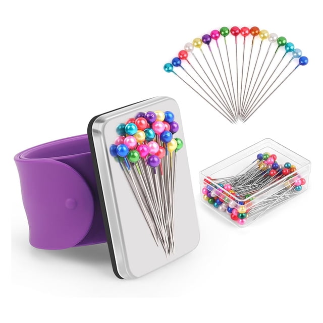 Pulsera Magnética con Alfiletero y Juego de 100 Alfileres Costura 1,5 Pulgadas Cabeza Esférica, Soporte Silicona para Muñeca Acolchado. B