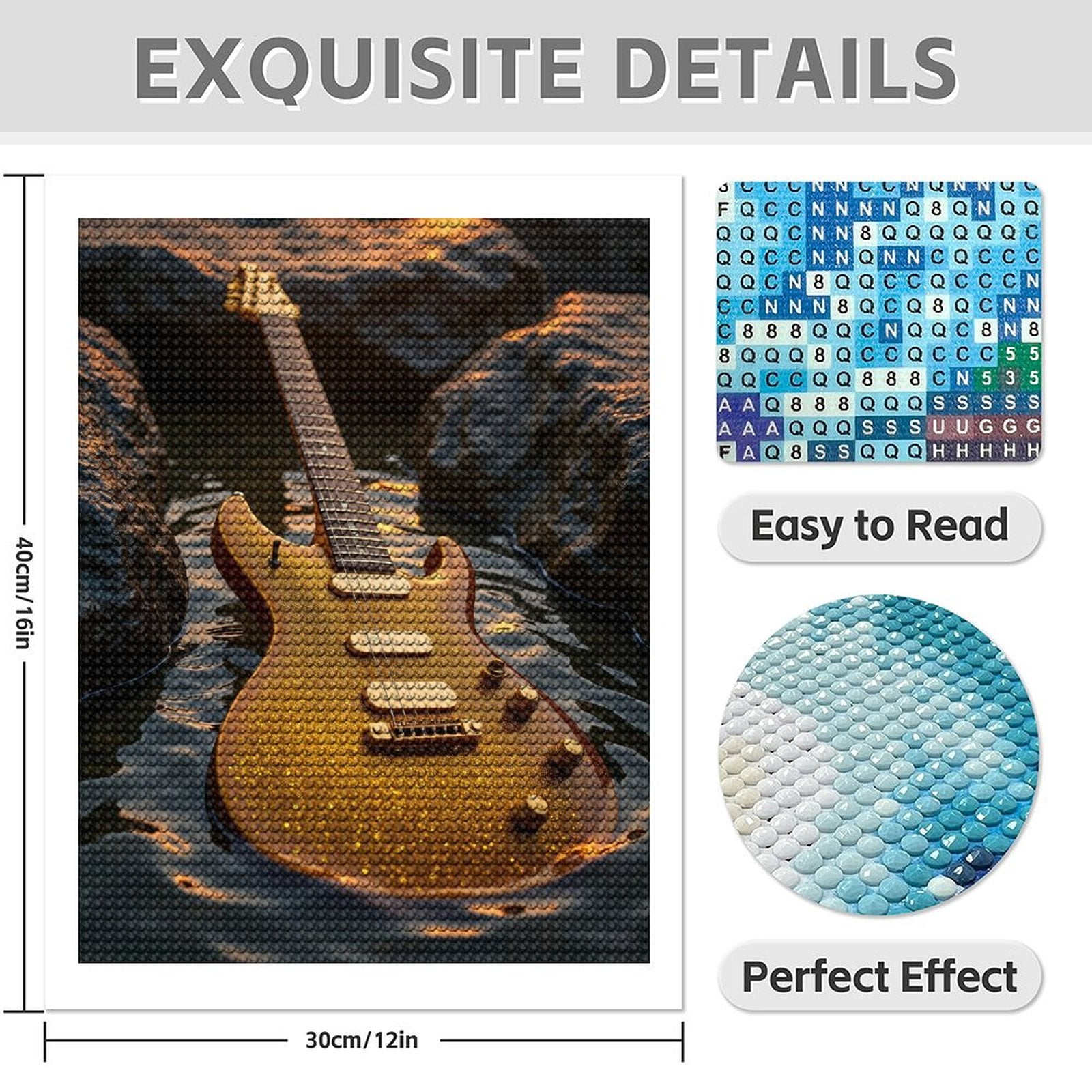 Diamond Art Kit for Adults, Guitar Sparkling Water Rocks Diamond Painting for Adults Beginners, DIY Diamond Art Painting Kits, 5D Diamond Painting Crafts for Home Decor 12x16 Frameless