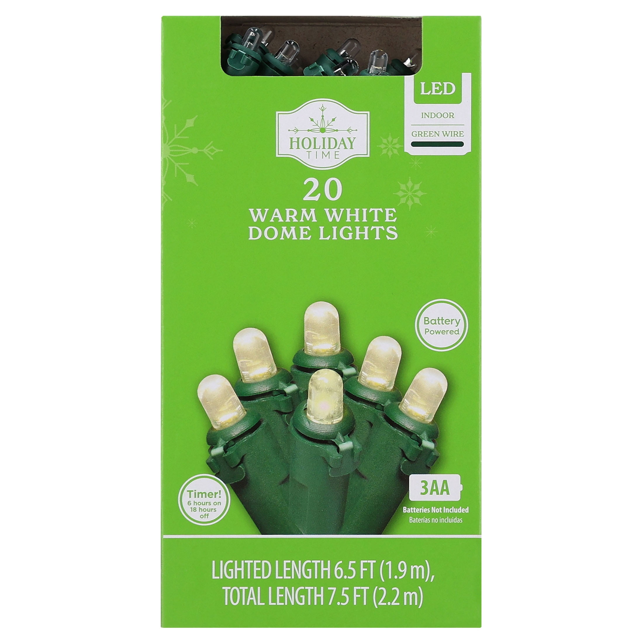 Indoor 20-Count Battery-Operated LED Dome Christmas String Lights, Warm White, Green Wire, 6.5', by Holiday Time