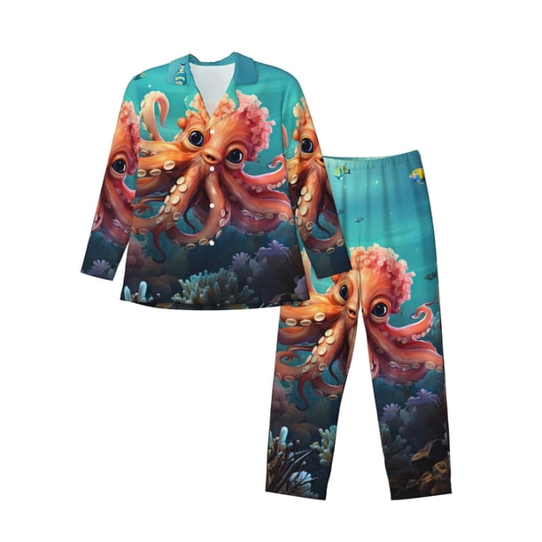 Fotbe Underwater Plant Octopus Pijama de Hombre con Estampado de Manga Larga, Conjunto de 2 Piezas, Ropa de Dormir Suave y Cómoda con Bolsillos-Large