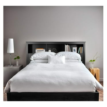 Wood Bookcase Headboard with Storage, Bedroom Bookcase Headboard, Queen Size, Solid Black A. Black