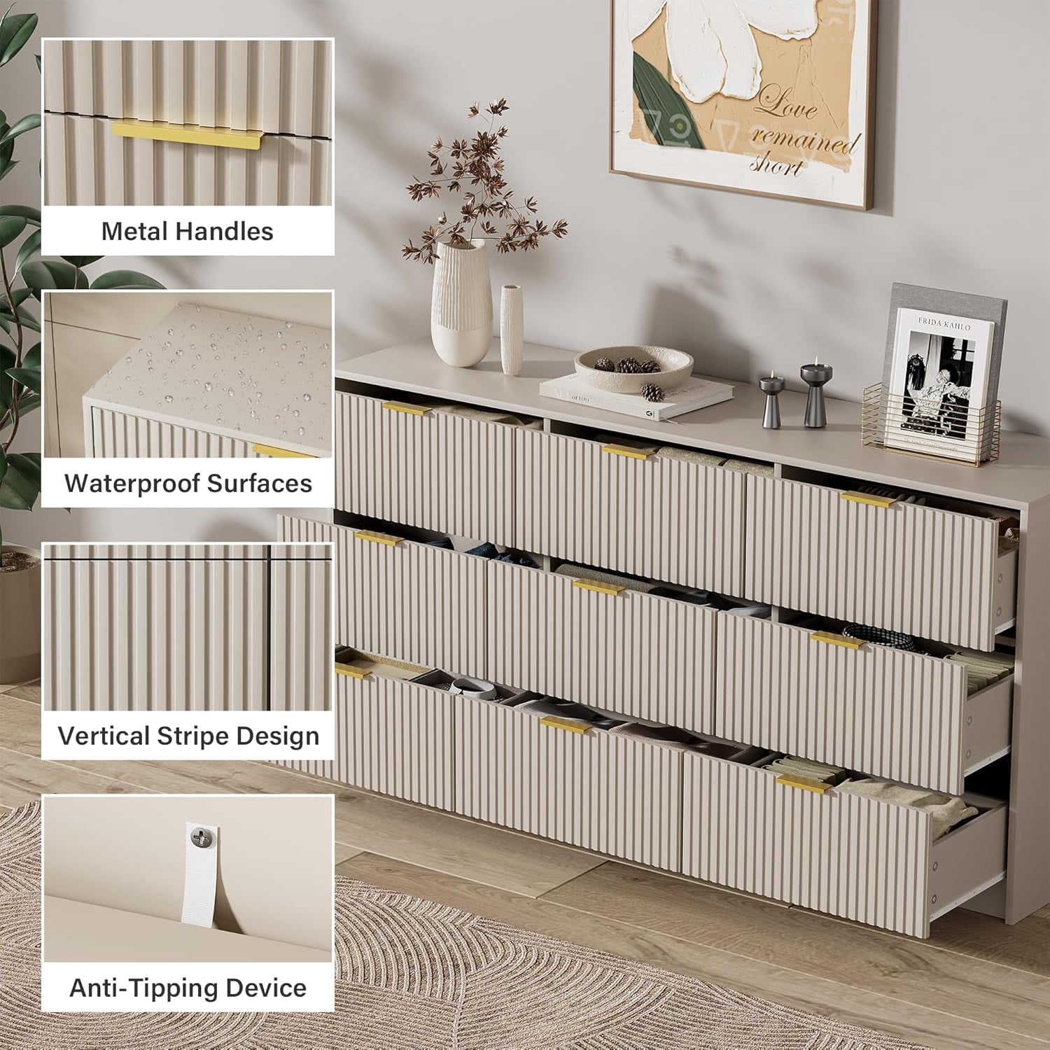 Beige Dresser for Bedroom, Modern Dresser with 9 Drawers and Smooth Slides, Wide Chest of Drawers with Golden Handles for Bedroom, Living Room, Closet, 15.7" D x 63" W x 31.5" H