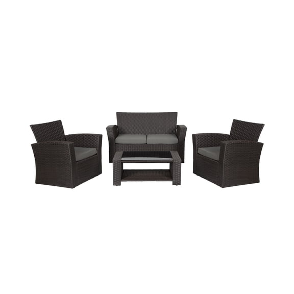 WestinTrends 4pc Outdoor Furniture Conversation Sofa Set with Loveseat, Cofee Table and Cushions, All Weather UV Resistant Rattan Wicker Patio Chairs, Chocolate/Gray