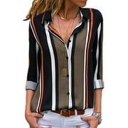 Dokotoo Womens Long Sleeve Shirts Button Up Color Block Stripe Blouses Casual Tops Size Medium US 8-10
