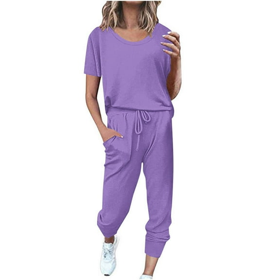Summer Outfits Women Short Sleeve Round-Neck Blouses & Shirts Sets Fashion Women Summer Solid Button Casual Short SLeeve Tops Pant Set 2 Piece Summer Sets for Women Purple xxl