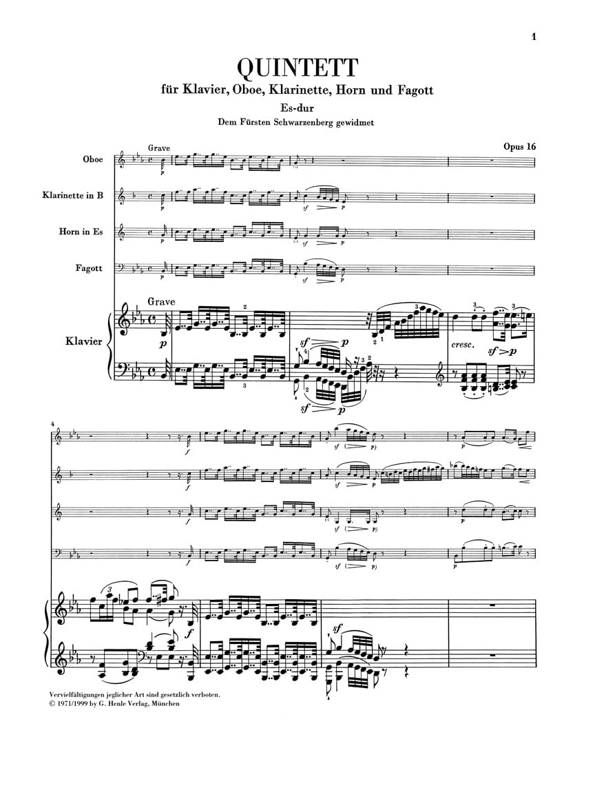 G. Henle Verlag Quintet for Piano and Wind Instruments in E-flat Maj, Op 16 Henle Music Folios Book by Beethoven