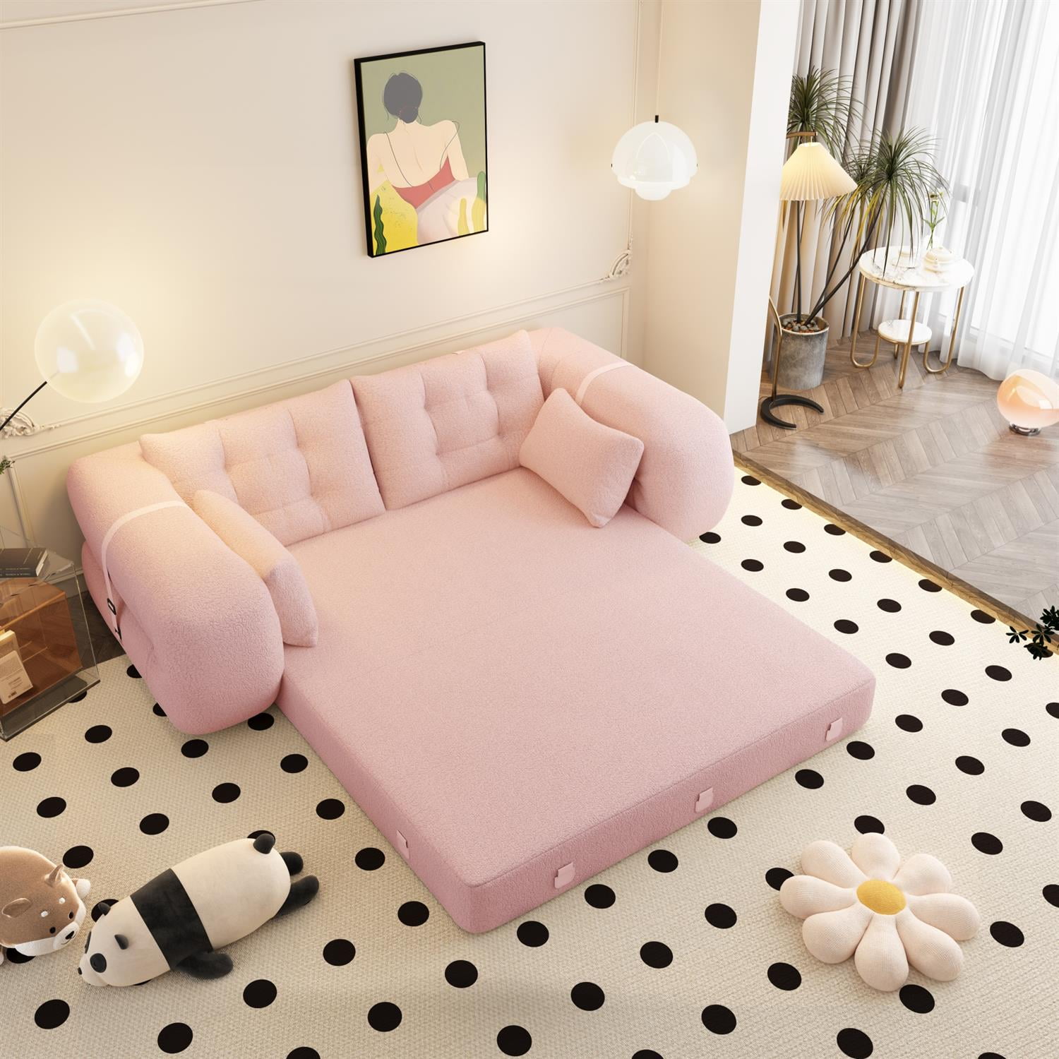 Demi Bonn 78" Cozy Sofa Couch, Foldable 3-in-1 Sleeper Bed, Multi-Functional Lazy Sofa for Living Room, Playroom, Comfortable Foam-Filled, Pink
