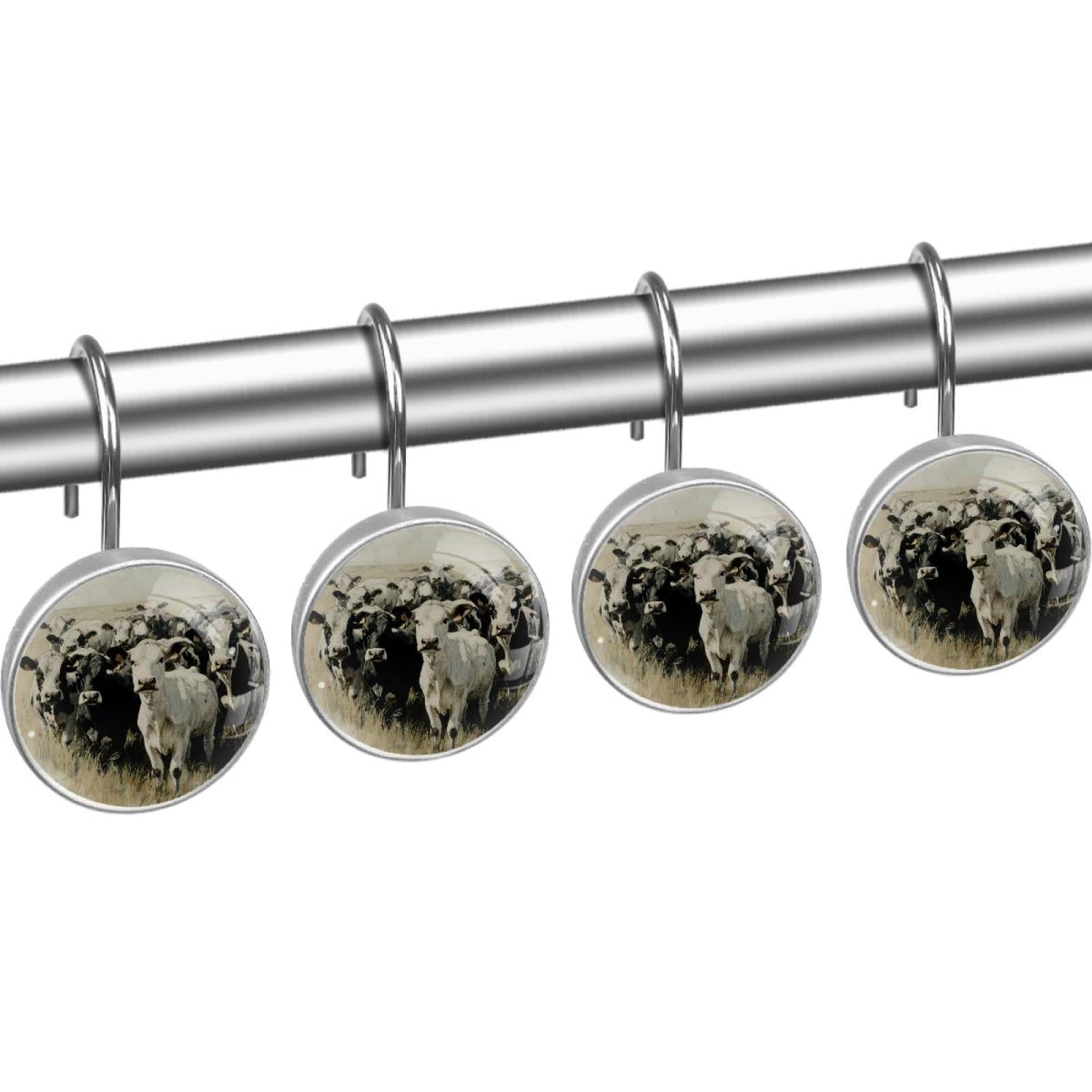 Cows on Farm Shower Curtain Hooks Round Crystal Glass, Set of 12 Shower Curtain Rings - Shower Hooks for Curtain Shower Rings