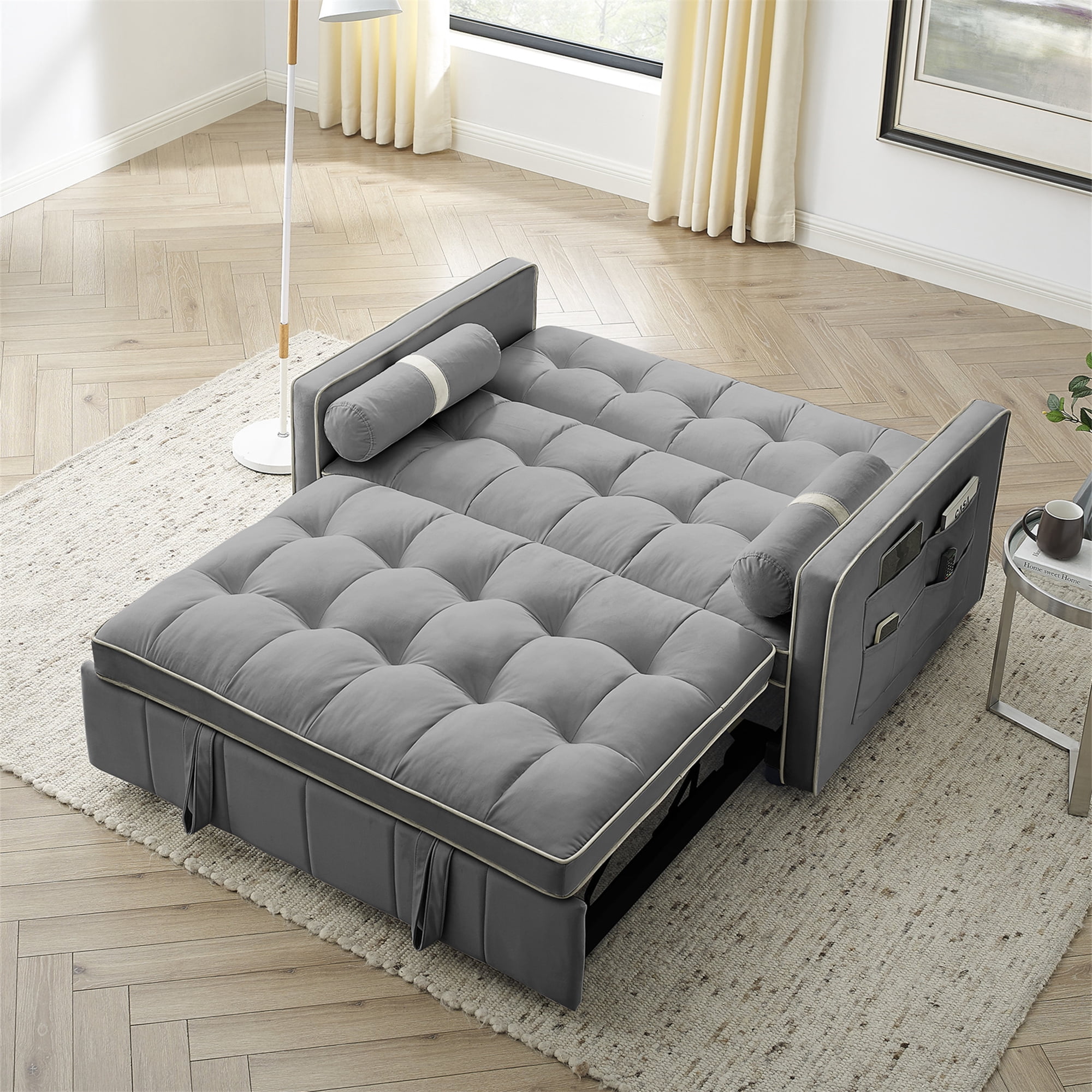 Aukfa Pull Out , Tufted Convertible Sleeper Sofa Sofa for Home Office, Velvet, Gray
