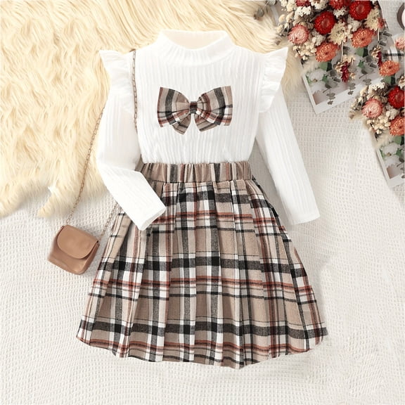 HAOTAGS Girls Outfit Sets,Cute Fashion Preppy Style Plaid Long Sleeve Top Shirt Mini Skirt Two Piece Sets White Size 3T